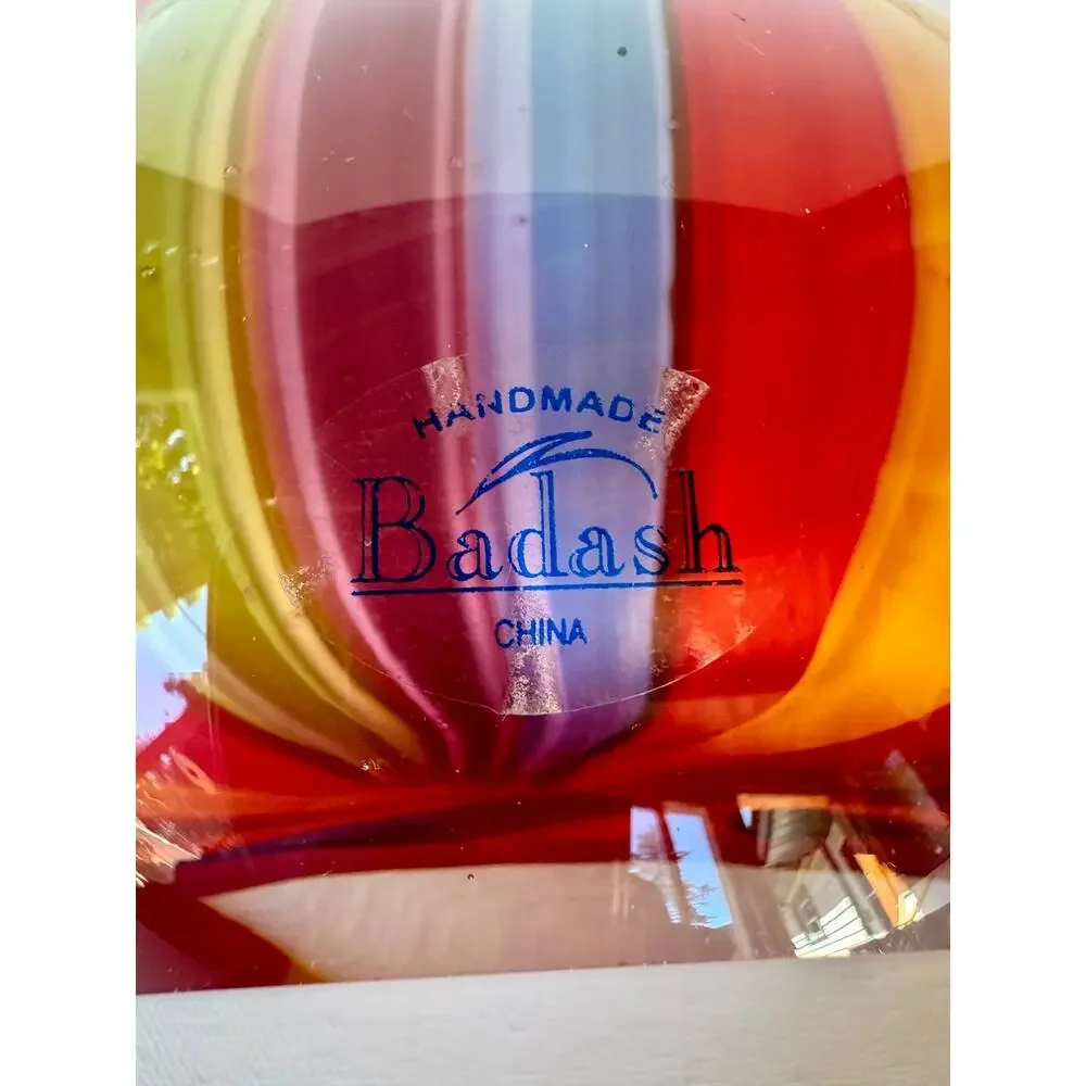 Badash Hand Blown Art Glass Rainbow Stripe Vase Black Rim 9